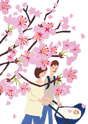桜とベビーカー