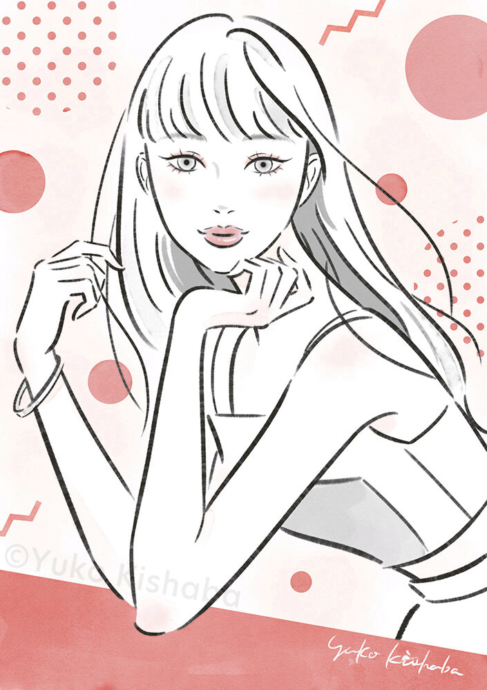 テラコッタ色の幾何学模様を背景にしたロングヘアの女性の水彩タッチのファッションイラスト