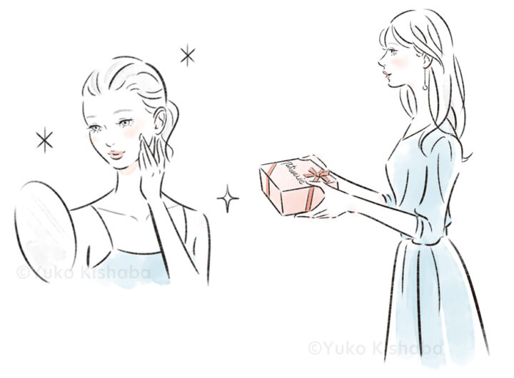 スキンケアをする女性と、手土産を手渡す女性の水彩タッチイラスト
