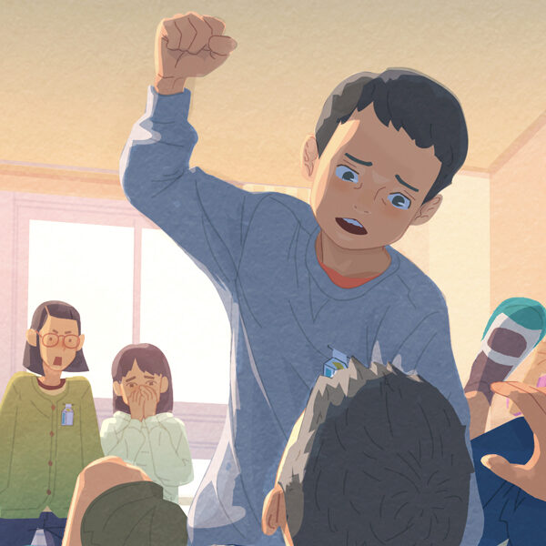 2022 株式会社Gakken 中学生の道徳「明日への扉3」五井先生と太郎　挿絵