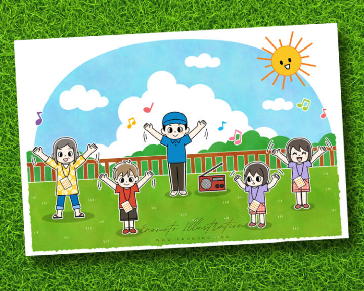 「夏休みのラジオ体操」パズル誌カットイラスト（コスミック出版）