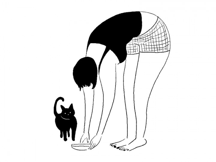 猫に餌をやる女性の線画
