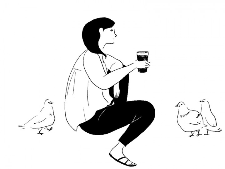 座っている女性と鳩の線画