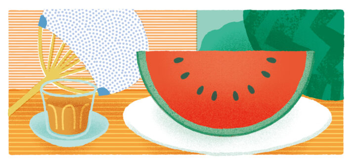 縁側のスイカと麦茶