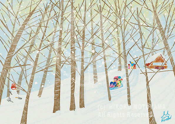 オリジナル作品　冬「雪深い森でそり遊び」