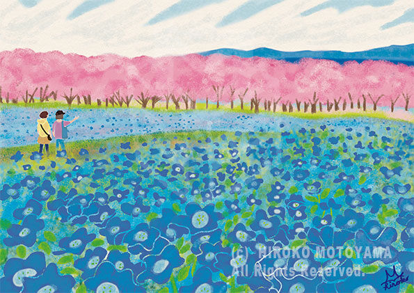 オリジナルイラスト「ネモフィラと桜」