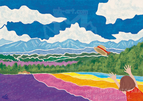 夏,四季,カレンダー,風景,景色,田園風景,ラベンダー畑,表紙,旅,夏景色,カバーイラスト,子供,家族,自然,ポスター,花,散歩,挿絵,イラスト,イラストレーション