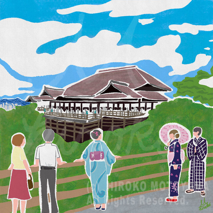 5月のカレンダーのイラスト。京都府の清水寺の美しい風景の絵。晴れ渡った青空の下、着物を着た風流な女性や沢山の観光客が清水寺の美しい姿を眺めているイラストです。