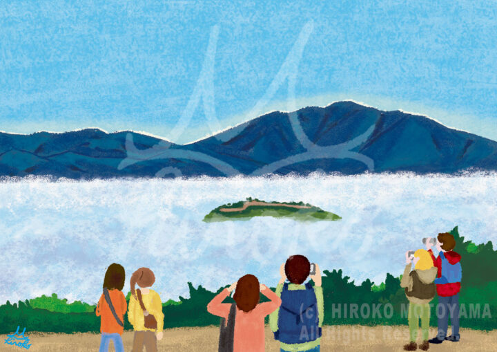 オリジナル作品「雲に浮かぶ」イラスト。白い雲の上に見える山(城)を観光客が見ている様子を描きました。雲海から見える山(城)は幻想的で神秘的な風景のイラストです。