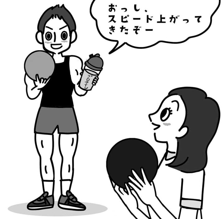 ベースボールマガジン社発刊「BOWLING マガジン」2025年5月号のイラストの挿絵です。ボウリングを持った筋トレした男性とそれを見ている女性のイラストです。