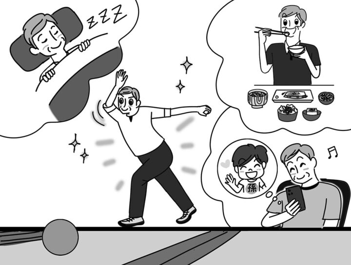 ベースボールマガジン社発刊「BOWLING マガジン」2025年6月号のイラストの挿絵です。ボウリング、食事、睡眠、孫と携帯で会話している男性のイラストです。