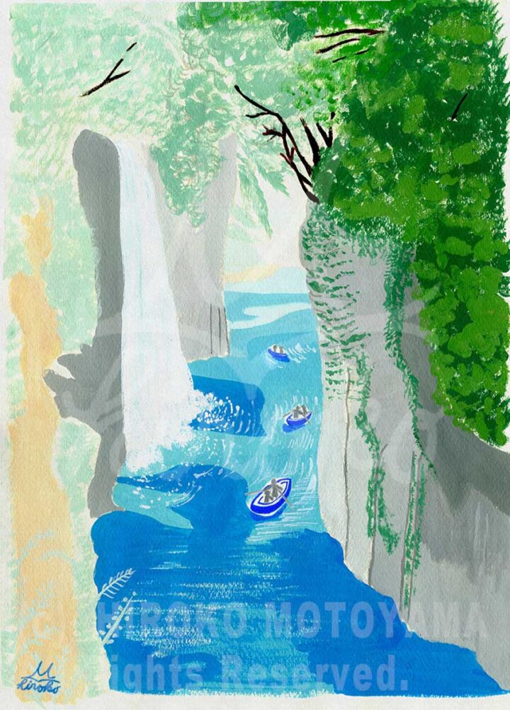スバルグラフィック様2025年「日本の風景カレンダー」7月　宮崎県「高千穂峡」イラスト。日本の名所「高千穂峡」の神秘的で美しい風景を描いた本山浩子のイラスト作品