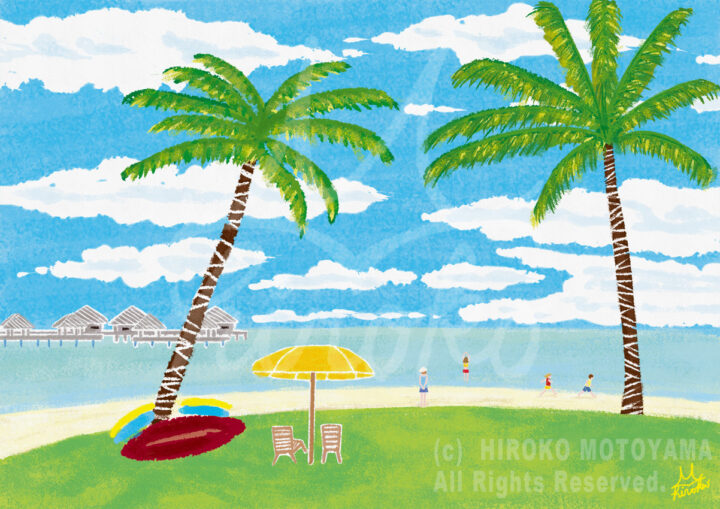 本山浩子のオリジナルイラスト「どこまでも続く青い海」。夏の晴れた日のコテージとビーチの様子を描いた風景イラストです。穏やかで優しい気持ちになる絵です。