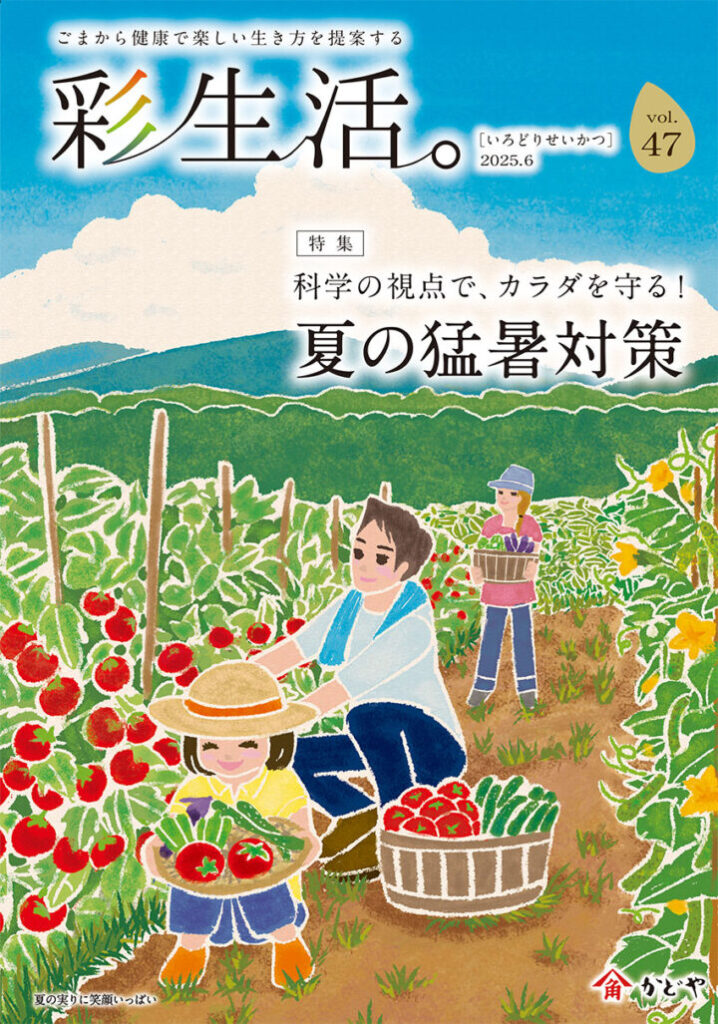 かどや製油様冊子「彩生活。 vol.47」2025年夏号表紙イラスト。本山浩子の優しく明るくほのぼのとした絵。家族で自然溢れる畑で野菜を楽しく収穫している風景。