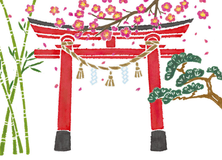 三笠書房「神社ご利益一万倍の参り方」（王様文庫）カバー。神社の鳥居、竹、梅、松を描いたカラフルで癒されるイラスト