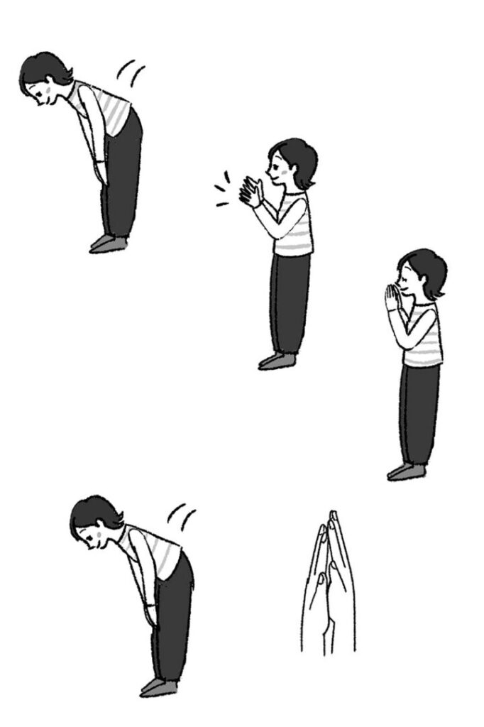 三笠書房「神社ご利益一万倍の参り方」（王様文庫）挿絵。モノクロイラスト。参拝する仕方のハウツーの絵