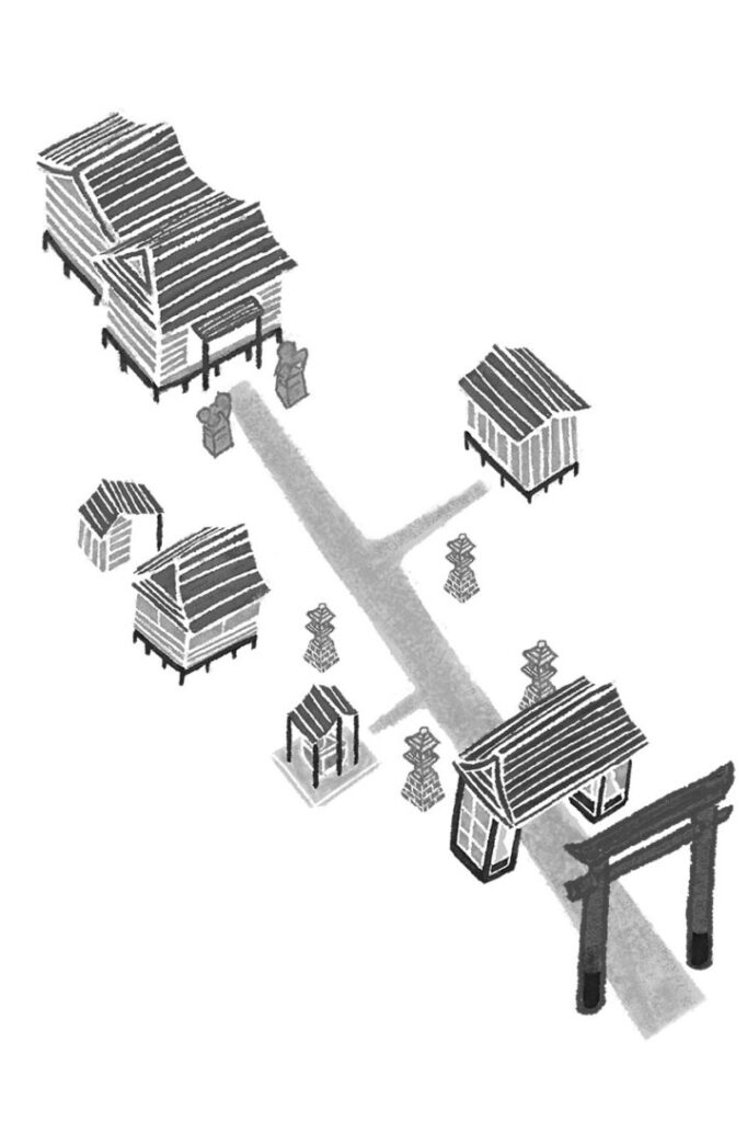 三笠書房「神社ご利益一万倍の参り方」（王様文庫）挿絵。神社の俯瞰したモノクロのイラスト