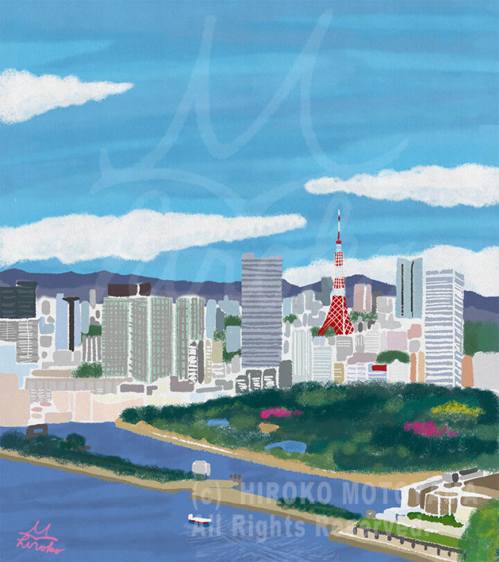東京の上空から眺めた東京の風景イラスト。東京タワーとビルが立ち並ぶ風景、穏やかでやさしいイラスト
