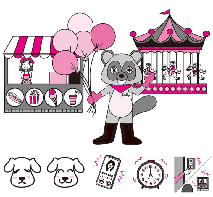 アルク『新装版 はじめての英検Jr.』（ゴールド・シルバー・ブロンズ）で出てくるシーンの楽しく面白い2色のイラスト