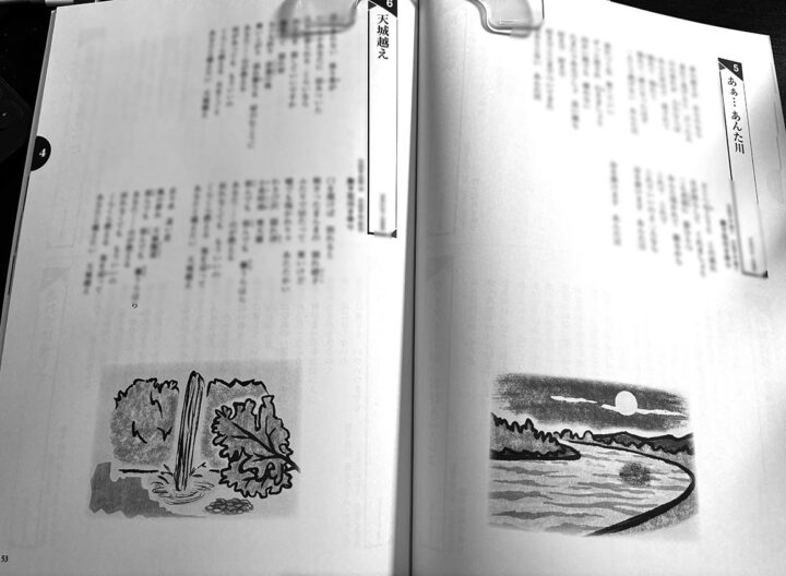 ユーキャン「熱唱!演歌大全集 DVD全7巻」付録歌詞ブックの挿絵。本山浩子のイラスト。歌詞ブックの掲載された挿絵