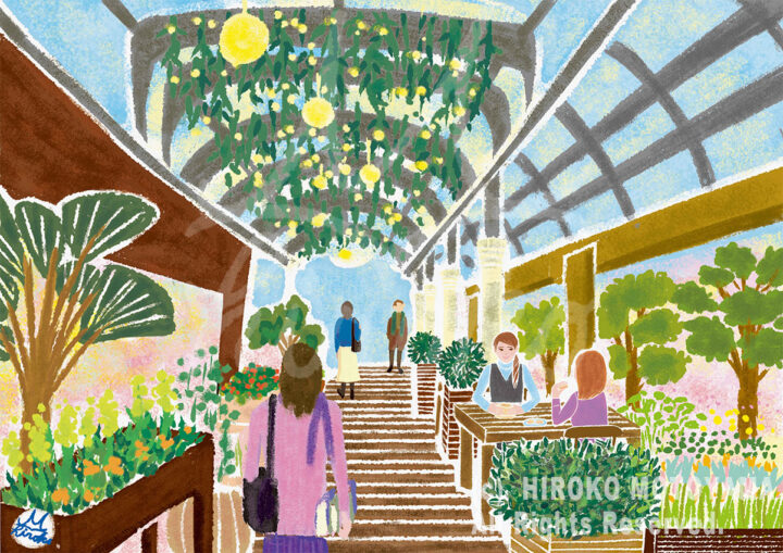 花のある風景シリーズ、本山浩子のやさしく穏やかで癒される風景イラスト。自然溢れるカフェの絵