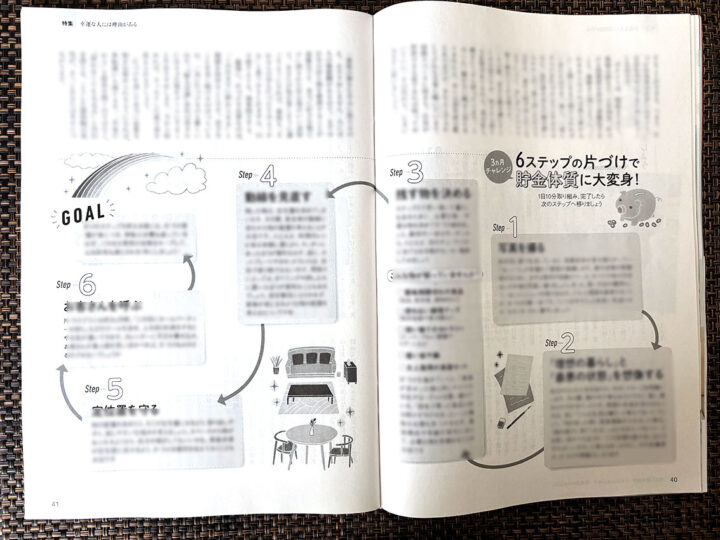 婦人公論2月号の片づけコラムの誌面。シンプルでわかりやすいモノクロイラスト