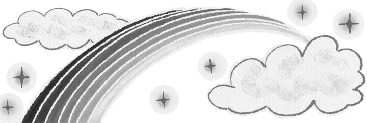 モノクロ、虹、雲、光、幸運を引き寄せるイメージイラスト。シンプルで優しいイラスト