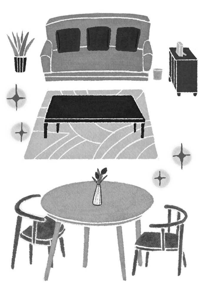 片づけ、整頓されたリビングルームのモノクロイラスト。本山浩子のやさしいイラスト