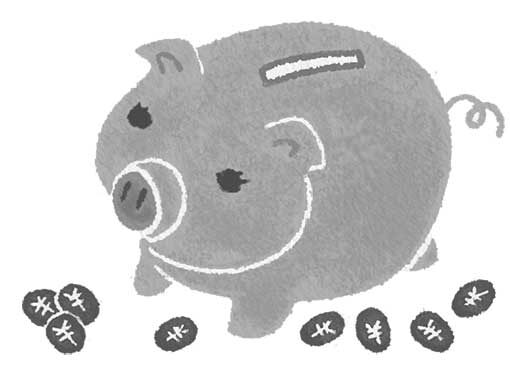 豚の貯金箱のモノクロイラスト。シンプルでわかりやすく、温かいイラスト