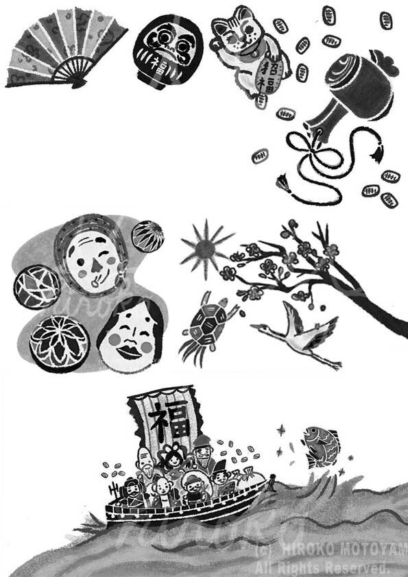 日本の縁起物のモノクロイラスト。招き猫、打出の小槌、扇子、だるま、小判、梅、鶴、亀、太陽、宝船、鯛、福笑い、手鞠、やさしくほのぼのとしたイラスト