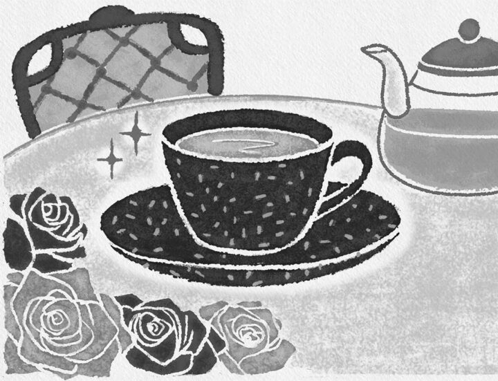 アンティークなティーカップとおしゃれなカフェのモノクロイラスト。やさしいタッチで描かれています。