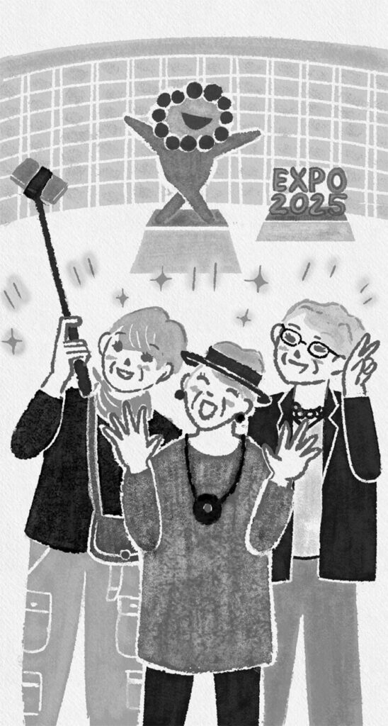 おばさんが楽しそうに写真を撮っているイラスト。明るく元気雨でパワーを感じるかわいいイラスト