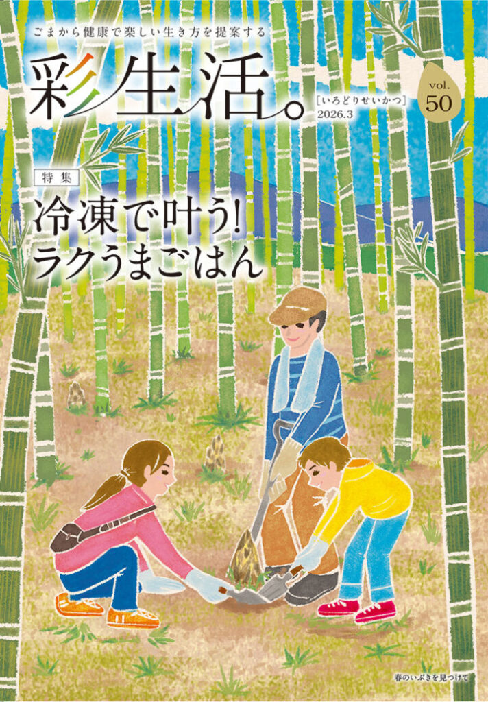 かどや製油様 冊子「彩生活。vol.50」2026年春号 表紙に描かれたイラスト。あたたかくやさしいたけのこほりのイラスト