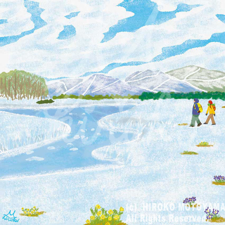 雪山の美しいイラスト。大きな青い空と白い雪の色の対比が美しい冬風景イラスト。本山浩子のやさしい絵