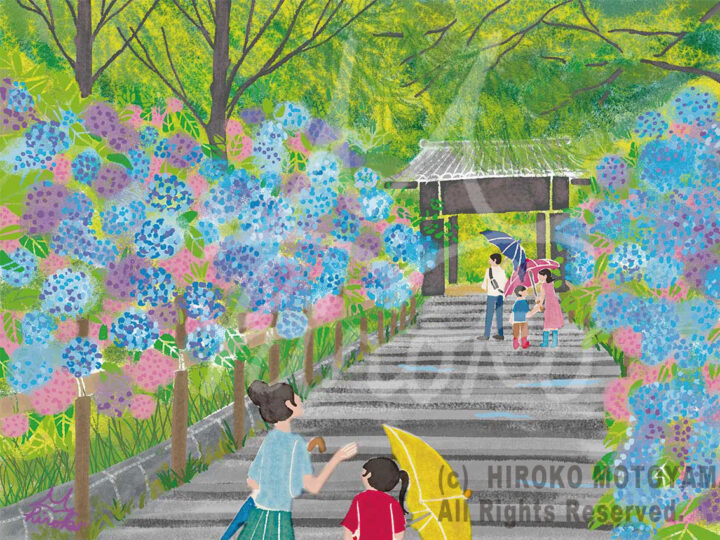 満開の紫陽花と美しい自然を描いた本山浩子の風景イラスト。カレンダーに使用されたイラスト