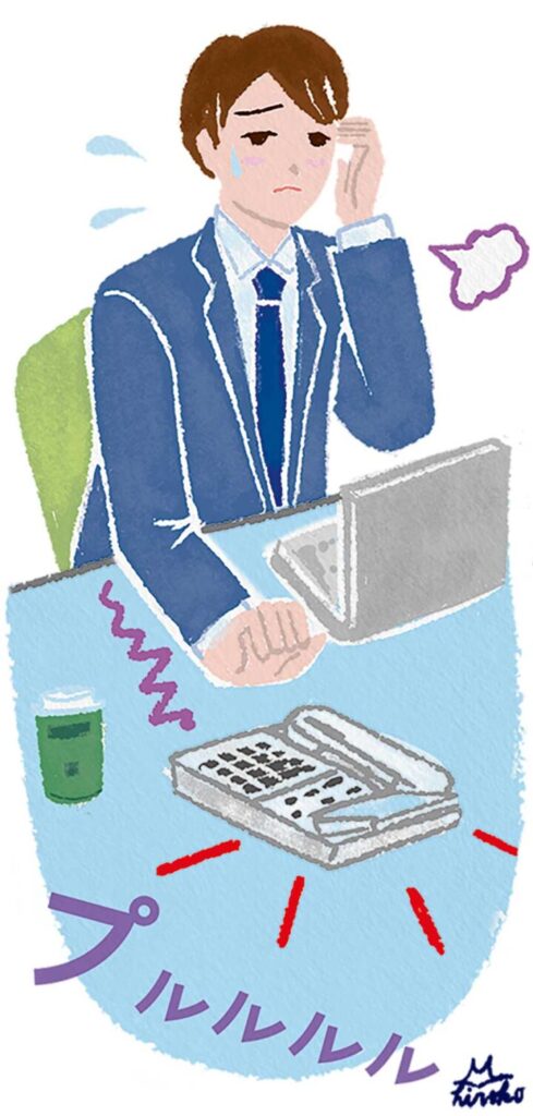 電話の応対にためらっているビジネスマンのイラスト。健康保険組合の冊子のコラムの挿絵。