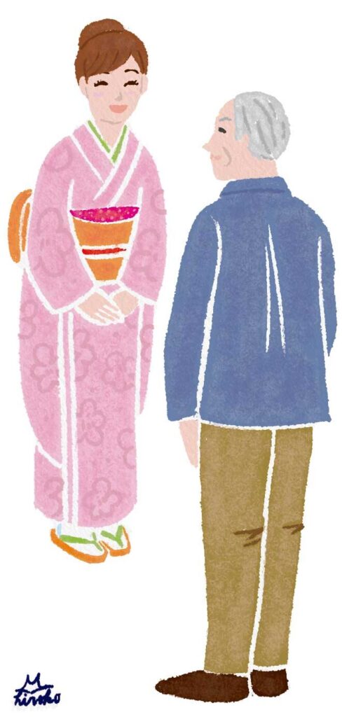 着物の女性が高齢者に笑顔で挨拶してるシーンを描いたイラスト。あたたくほのぼのとした癒されるイラスト