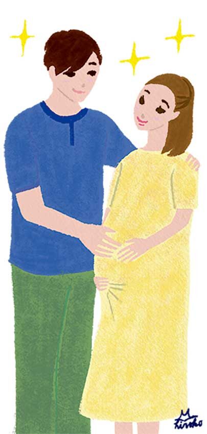 健康保険組合連合会様『すこやか健保』5月号 コラムで描いたイラスト。妊娠中の妻にやさしくしている夫のイラスト