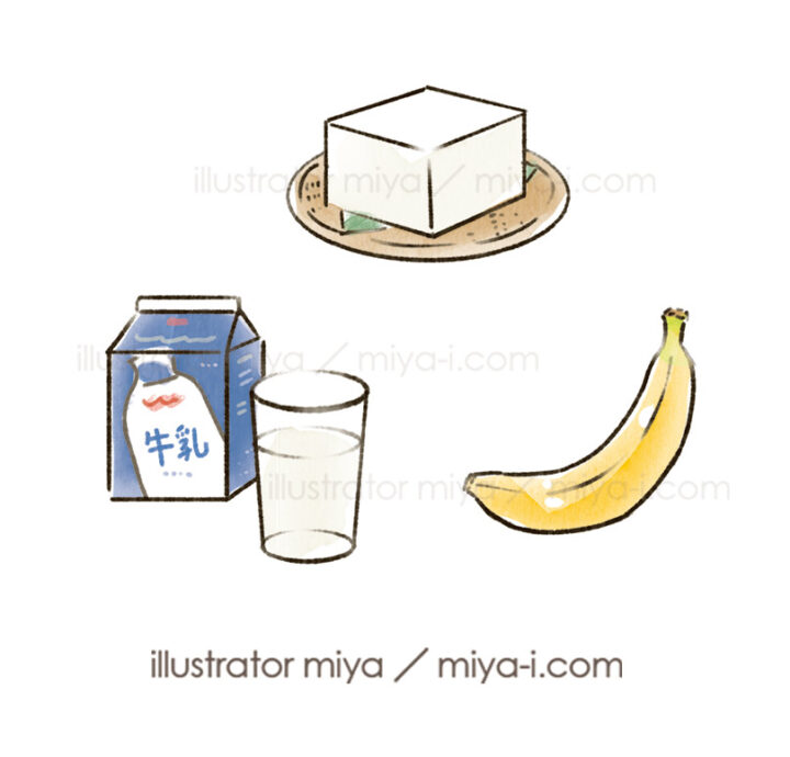 女性イラスト・おしゃれ・豆腐・牛乳・バナナ・食べ物・食品・健康