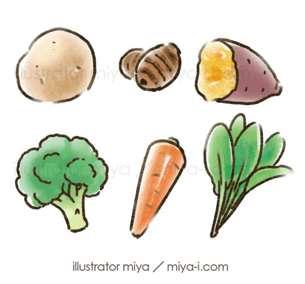 イラスト・じゃがいも・里芋・さつまいも・ブロッコリー・にんじん・ほうれん草・野菜・食材イラスト・食べ物イラスト