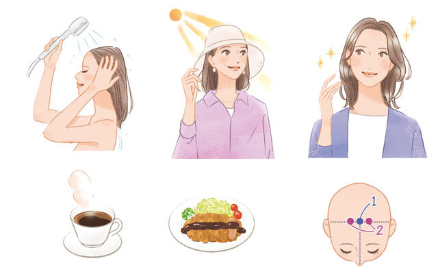 アリナミン製薬様 会報誌「すこやか倶楽部 秋号」頭皮ケア・薄毛予防イラスト