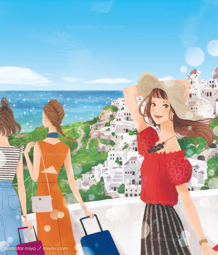 女性・イラスト・おしゃれ・夏・旅行・ファッション・風景・海外