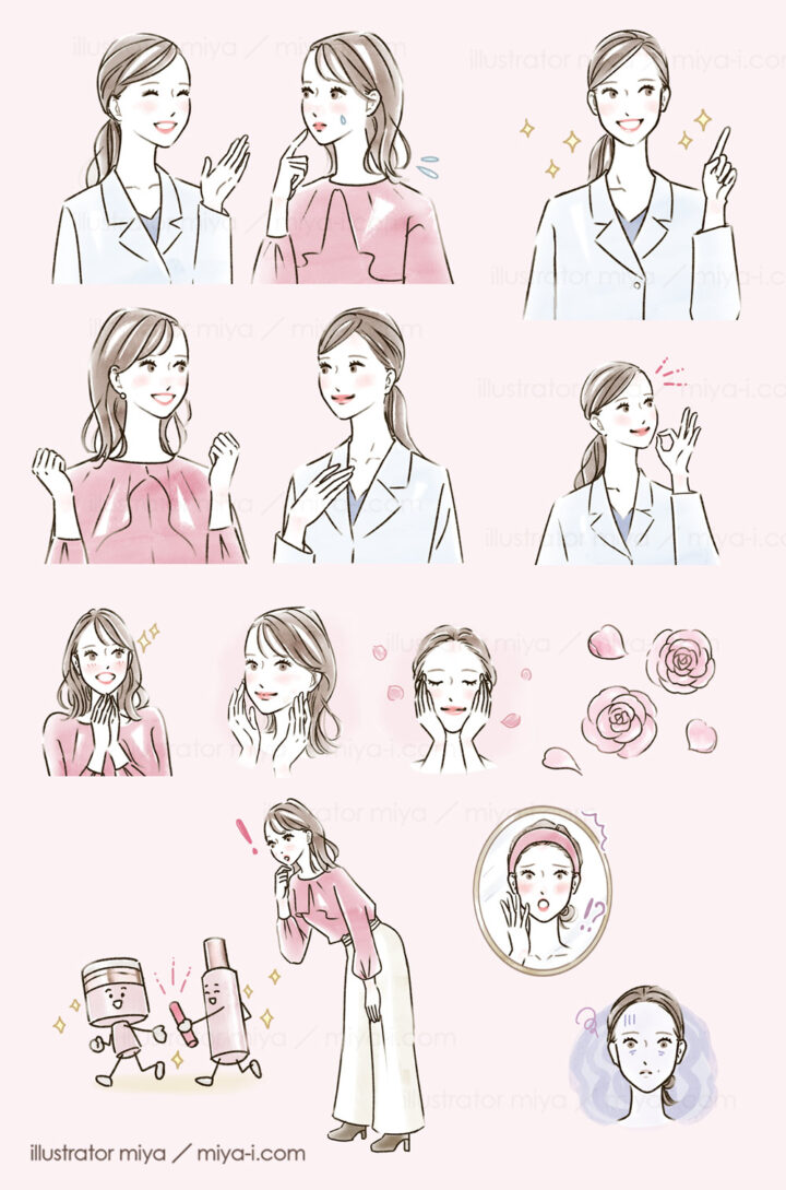 女性イラスト・おしゃれ・線画・美容・スキンケア・肌・化粧品・広告