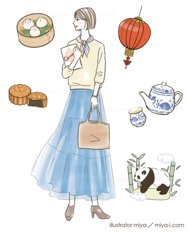 女性・イラスト・おしゃれ・シンプル・中国・月餅・点心・パンダ・中華・かわいい・広告