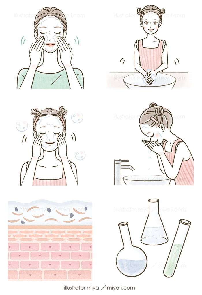 スキンケア・洗顔・肌ケア・イラスト・女性・子ども・かわいい・人物・美容