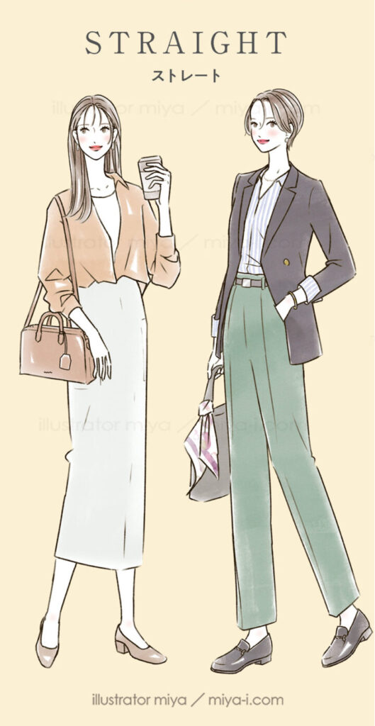 女性イラスト・ファッション・線画・おしゃれ・イラスト・表紙・広告・骨格タイプ・骨格診断・パーソナルカラー