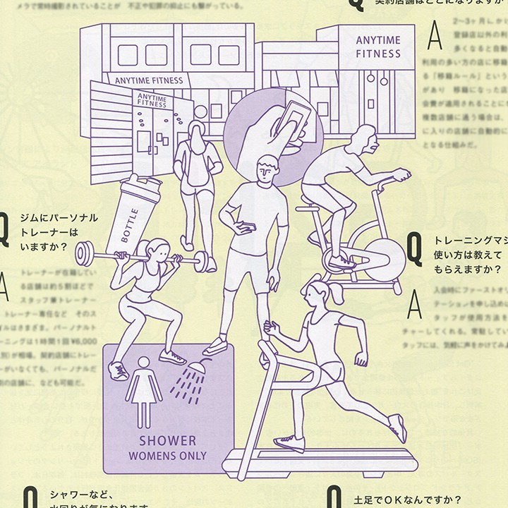 雑誌「mark11_トレーニングは贅沢時間」の「フィットネスクラブは健康のインフラになった」という特集ページのイラストレーション
