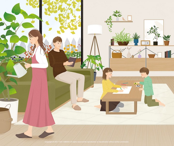 住宅展示場　チラシ用イラスト（植物のある暮らし）