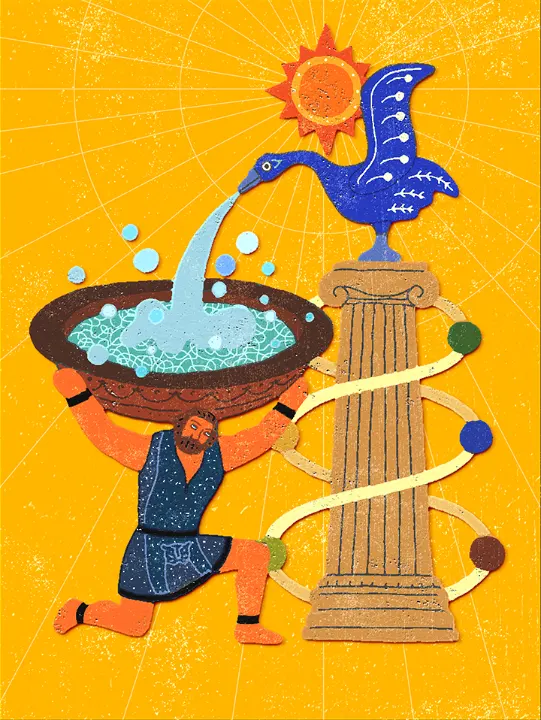 噴水の水を大きな鉢で受ける古代の男