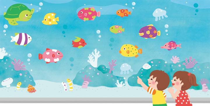チャイルドブックぷう8月号　シールで遊ぼうカラフル水族館イラスト